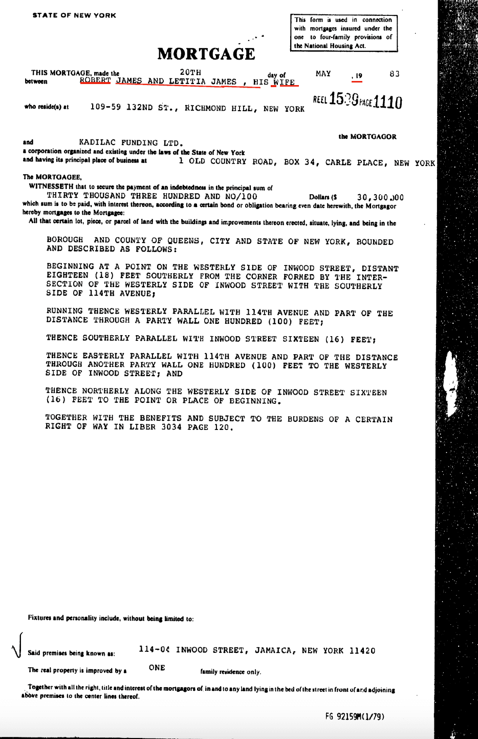 1983 MORTGAGE - LETITIA AND ROBERT JAMES AS HUSBAND AND WIFE